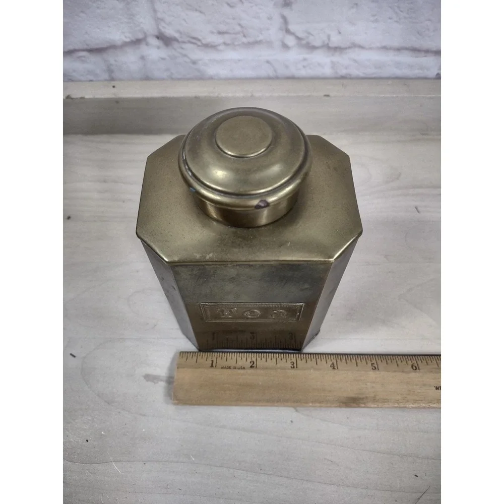 Vtg English Breakfast Tea Tin Brass Screw Top Container Canister TEA Spellout